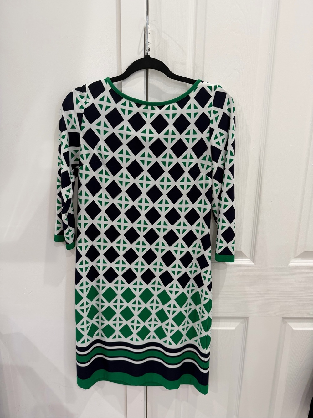 Eliza J Green, Navy & White Geometric Long-Sleeve Shift Dress